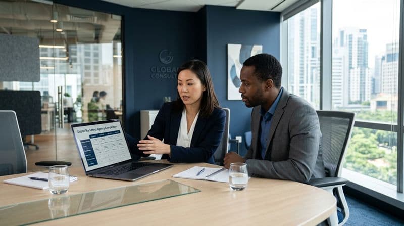 Checklist infographic showing 7 questions to ask before hiring an AI automation agency, including case studies, guarantees, pricing, and support