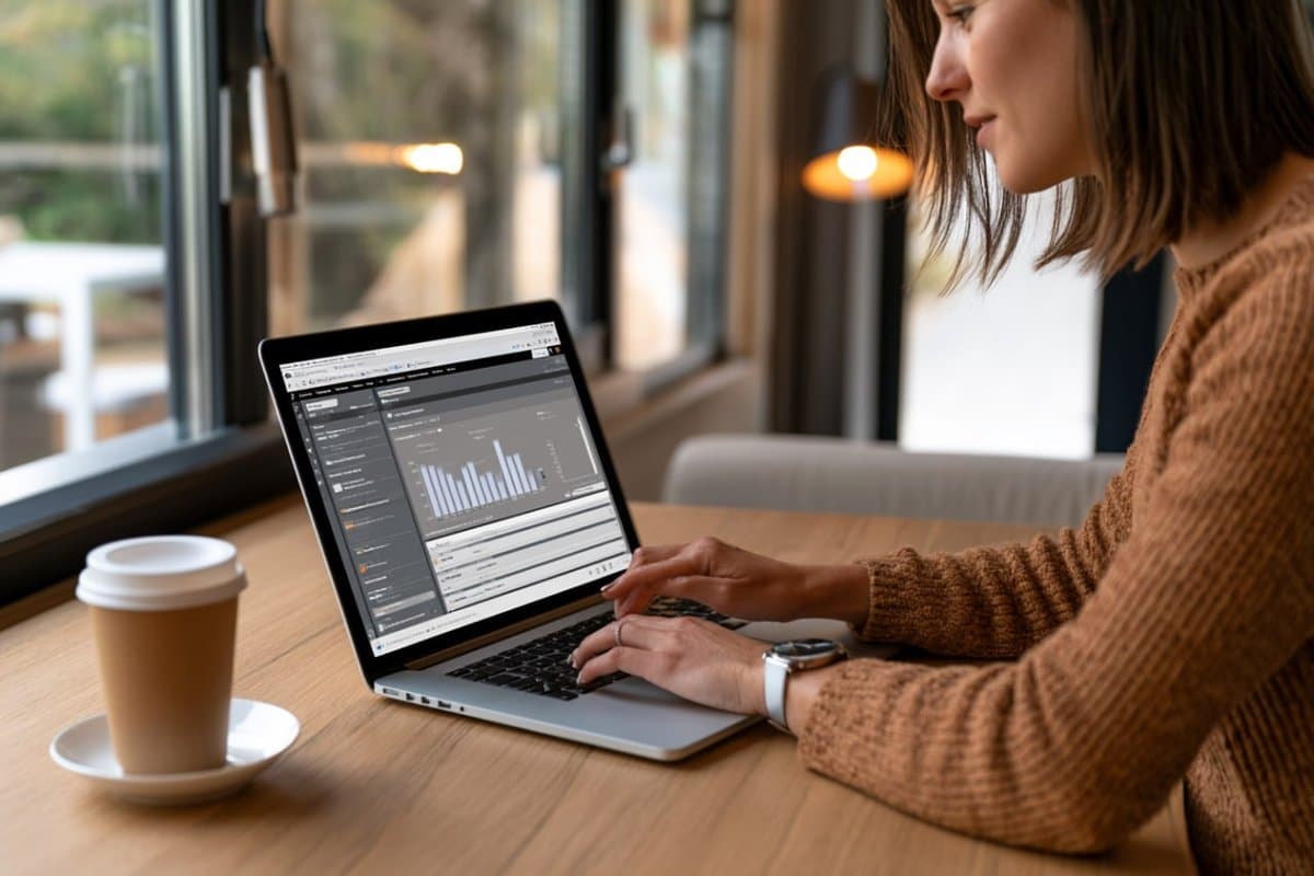 Small business owner reviewing automated email marketing results on a laptop screen