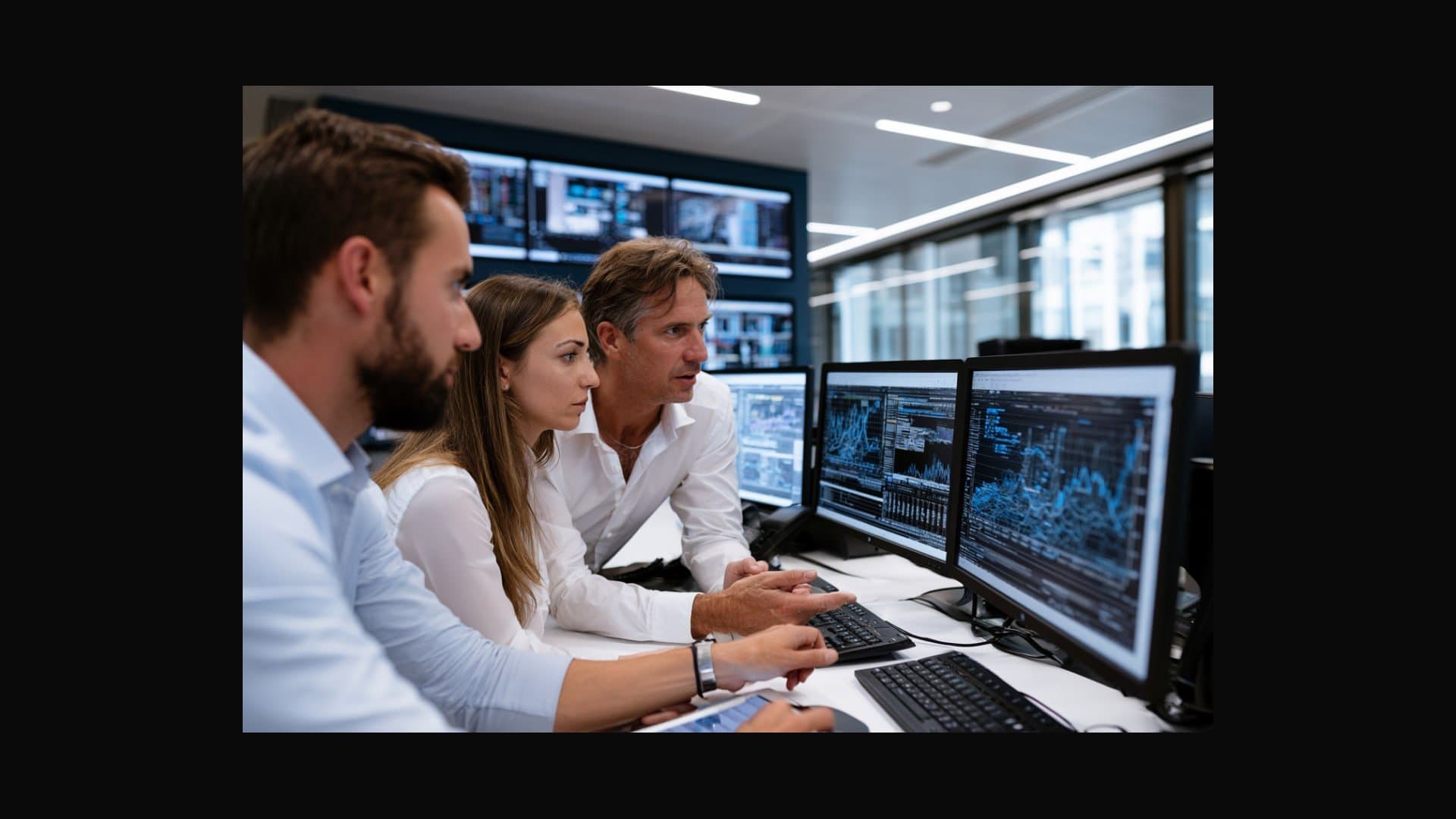 AI automation dashboard showing business analytics and workflow automation in a modern London office