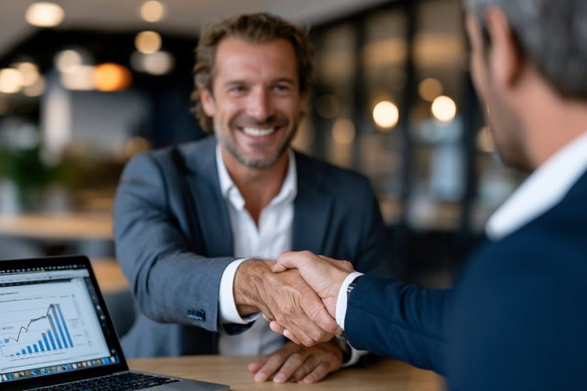 Happy business owner shaking hands with consultant after successful automation implementation
