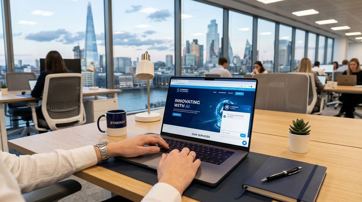 Modern AI-powered website displayed on laptop screen in London office with chatbot interface visible, AI web development London 2026