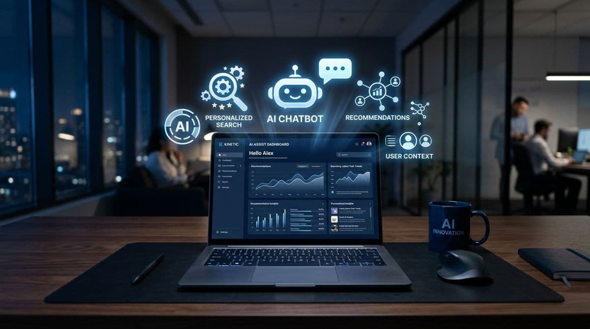 Modern website displaying AI-powered features including chatbot, personalisation, and smart search on a laptop screen, AI website features 2026