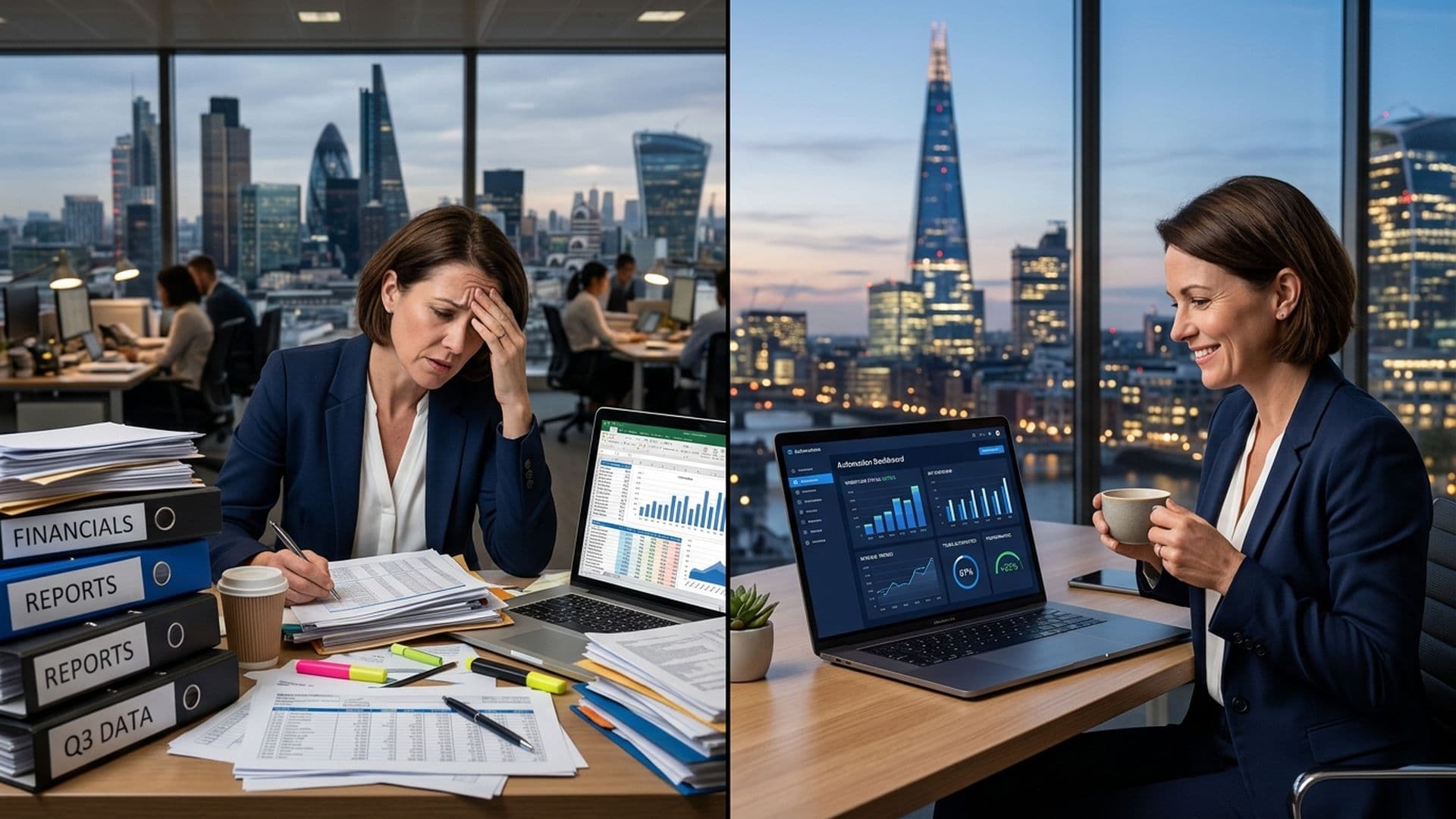 Business owner comparing manual work costs with AI automation savings on laptop screen, AI automation vs manual work cost UK