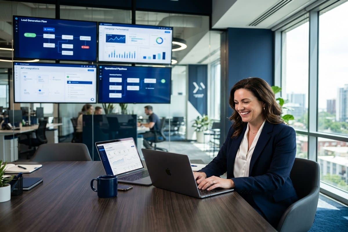 Business owner relaxed after implementing AI automation, showing time saved and reduced stress, modern London office
