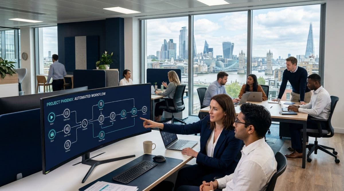 Business owner reviewing automated workflows on a laptop in a modern London office, 5 business processes to automate 2026