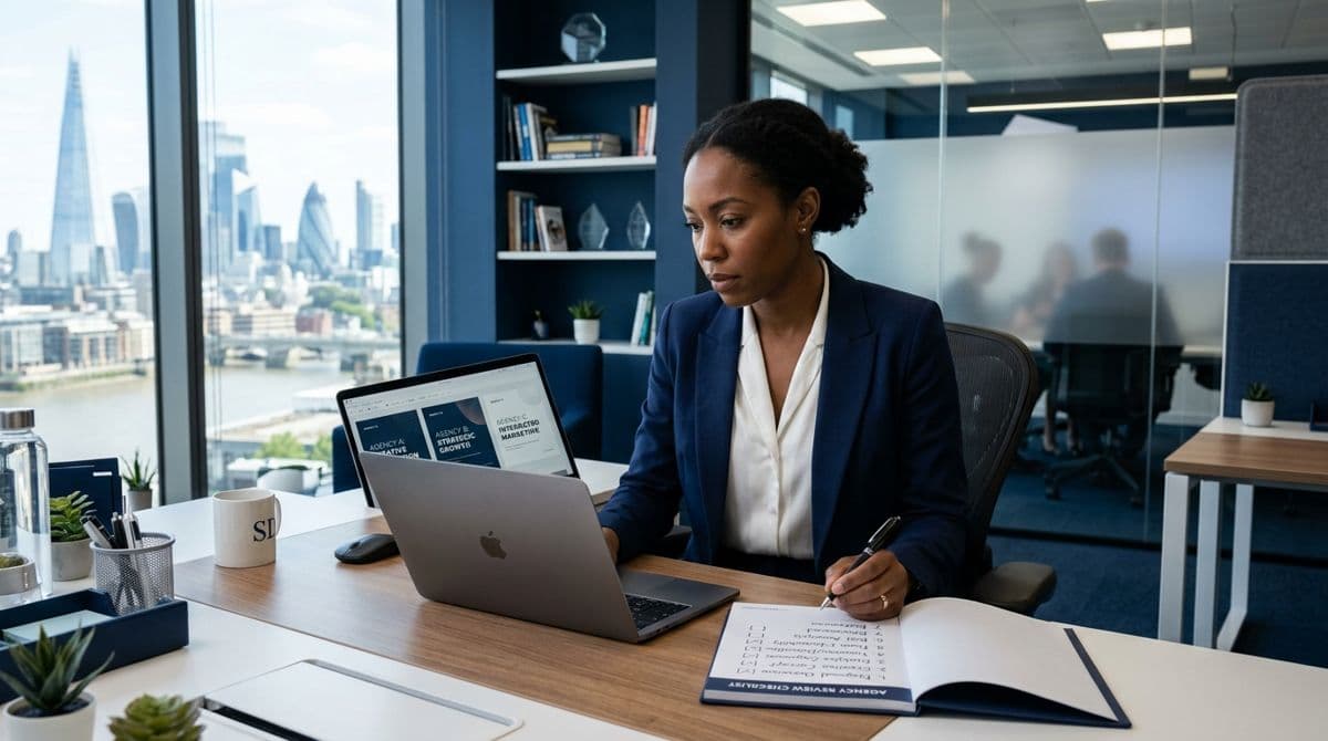 Business owner interviewing an AI automation agency consultant in a modern London meeting room, how to choose AI automation agency