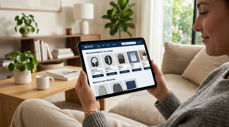 Grid layout showing 7 AI website features including chatbot, personalisation, smart forms, AI descriptions, booking, analytics, and search with icons and brief descriptions